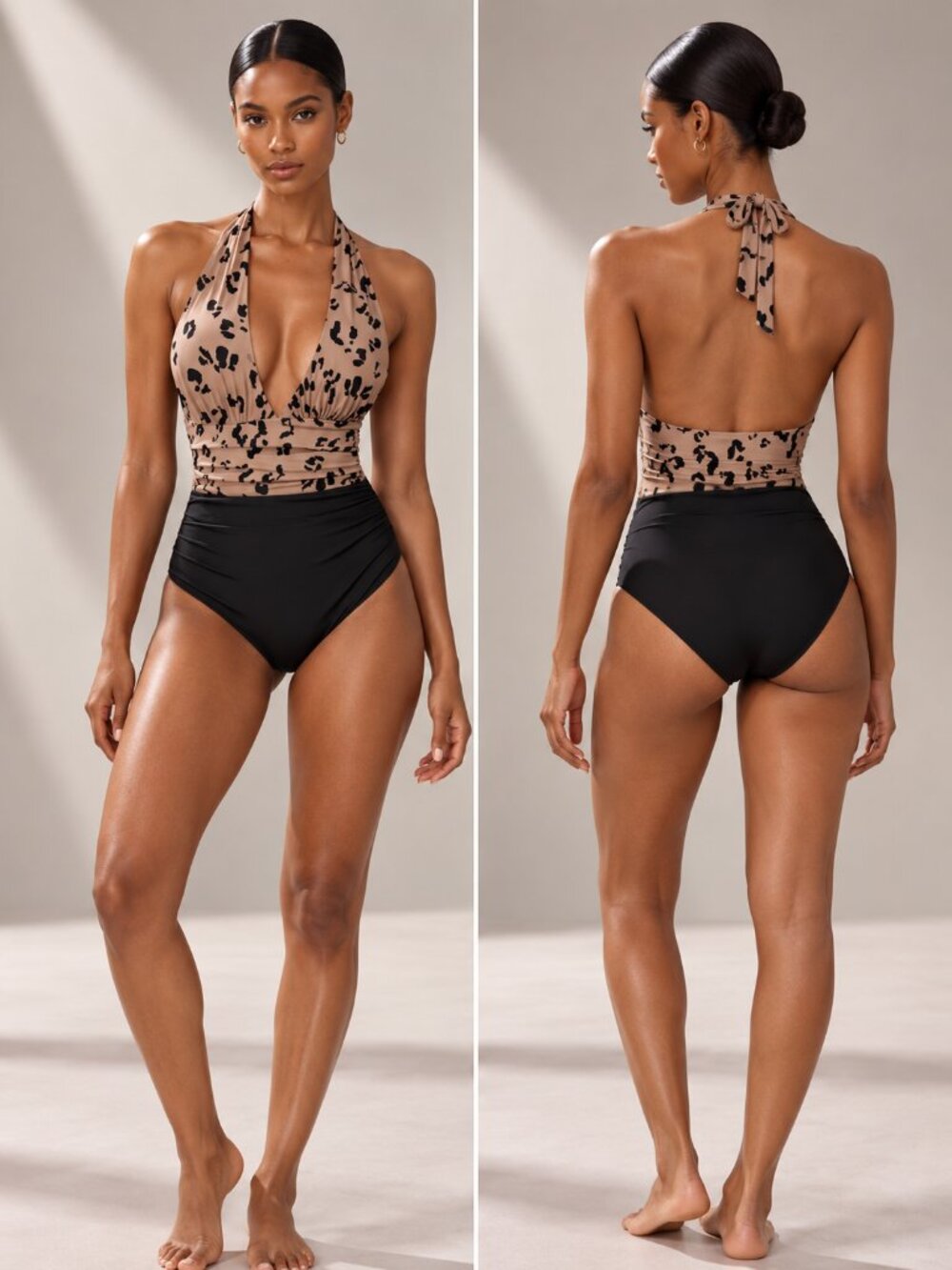 CUPSHE Cheetah Print Plunge Halter Shirred One Piece Swimsuit S NWT